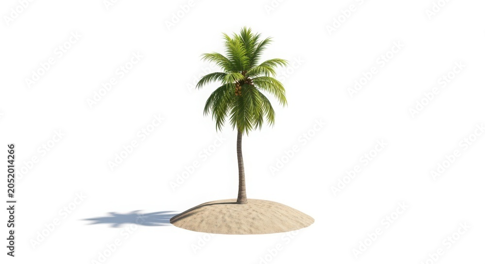 Obraz premium Isolated palm tree on sandy island with shadow white background