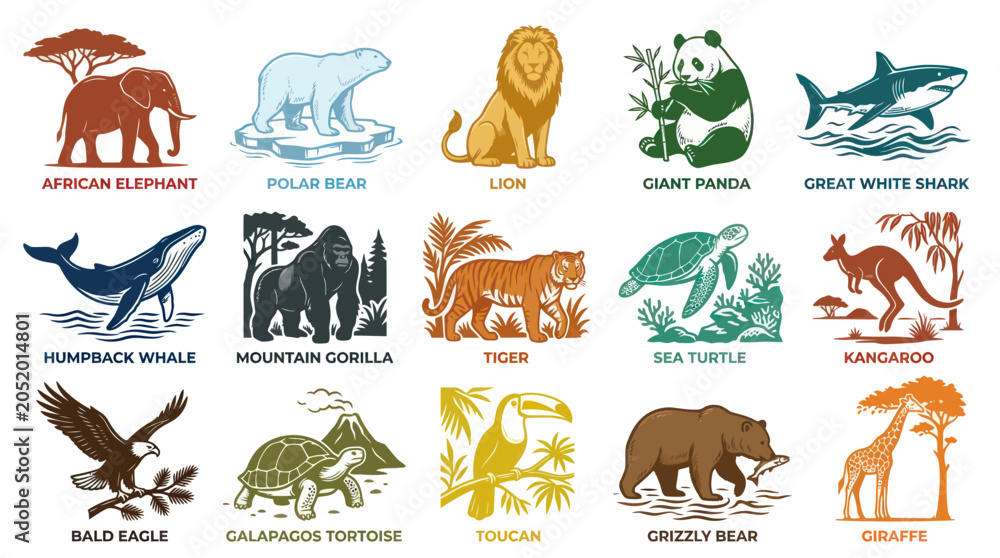 Fototapeta premium Diverse Animals Collection: Flat Vector Illustrations for Wildlife Education