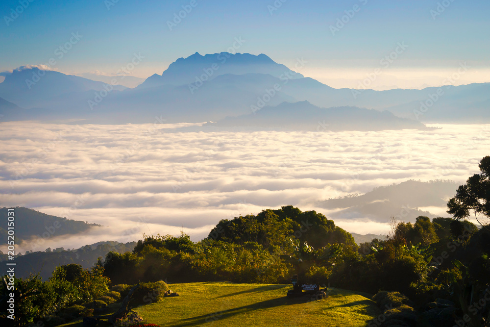 Fototapeta premium Majestic Doi Luang Chiang Dao Mountain with Sea of Mist. Huai Nam Dang National Park, Chiang Mai, Thailand.