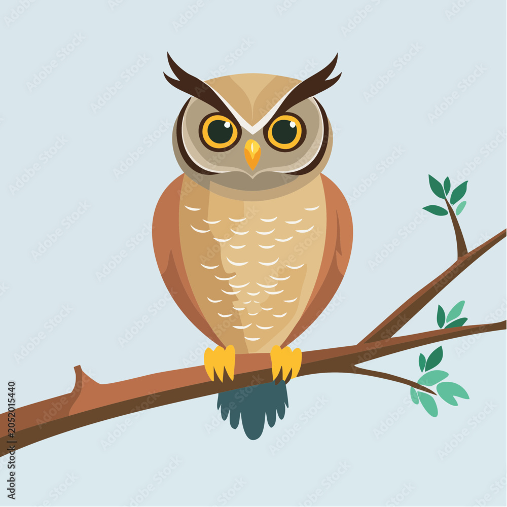 Obraz premium Illustration of a Great Horned Owl sitting on a tree branch with light blue background