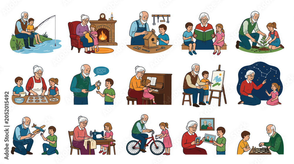 Fototapeta premium Grandparents and Grandchildren Activities Icons Set, Flat Style