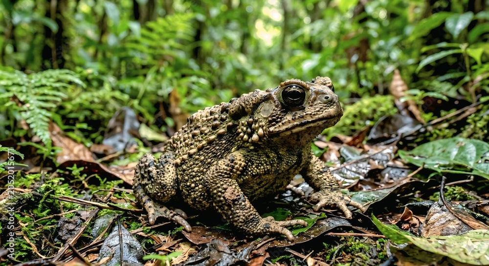 Obraz premium Close-up portrait of a common Asian toad sitting in its natural habitat, Sri Lanka.