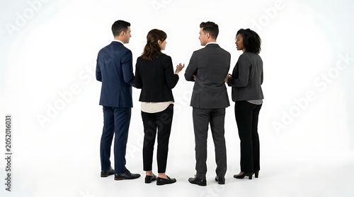 Four diverse business professionals in suits standing in a circle, engaged in a discussion or meeting, on a white background.
