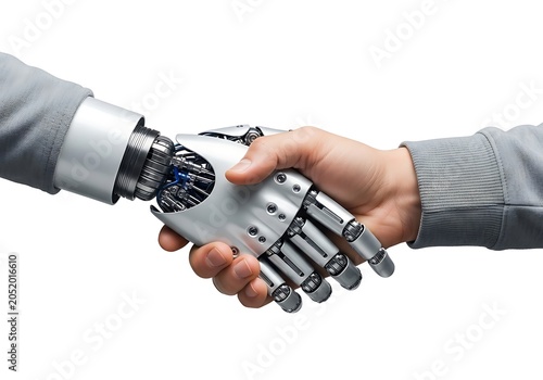 Robot hand shaking hands with a human person representing technology and business partnership