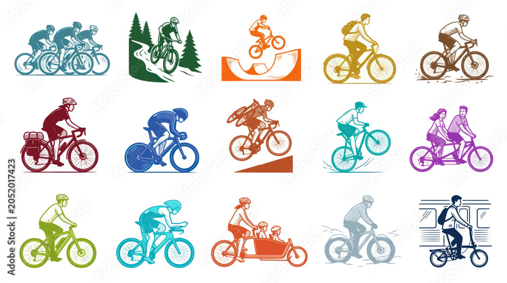 Naklejka premium Modern Cycling Bicycles and Riders Vector Illustration Set - Sports, Recreation Transport Collection