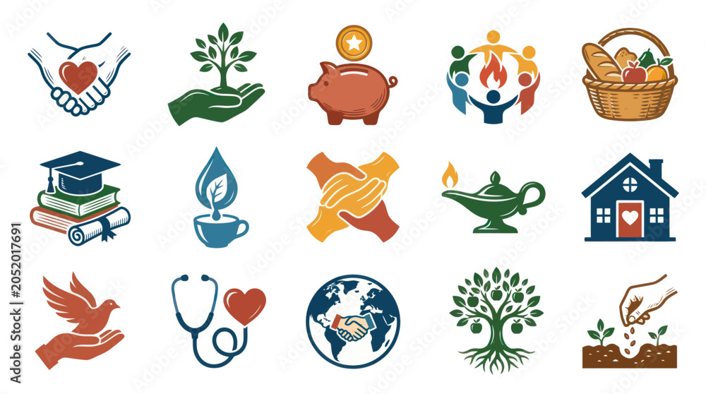Obraz premium Flat Vector Charity, Community, Environment, Education Healthcare Icons Set
