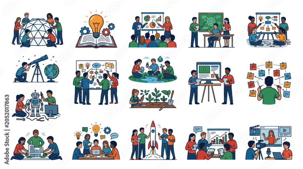 Fototapeta premium Diverse Team Collaborating on STEM Project with Robot and Rocket - Flat Design