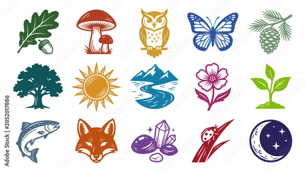 Obraz premium Stylized Vector Nature and Wildlife Icons Set - Environment, Outdoor, and Natural Elements Collection
