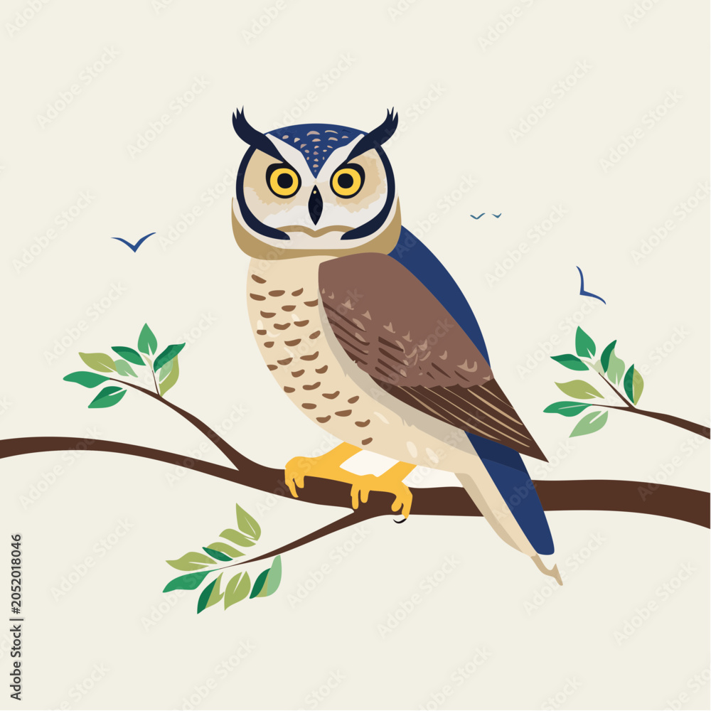 Obraz premium Majestic nocturnal owl perched on a leafy tree branch in a serene forest setting, an illustration of wild beauty