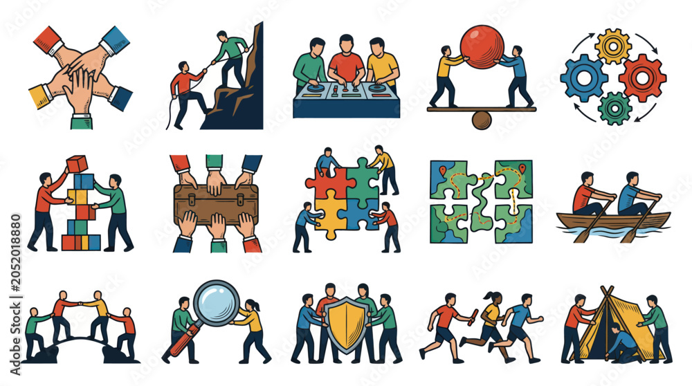 Fototapeta premium Teamwork and Collaboration Icons: Business, Partnership, Strategy, Success