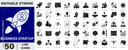 Business Startup Glyph icon set. Editable stroke. Vector illustration.
