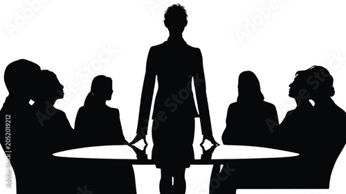 Businesswoman stands at the head of a conference table while presiding over a meeting of her professional team members who are depicted as black silhouettes against a clean white background.