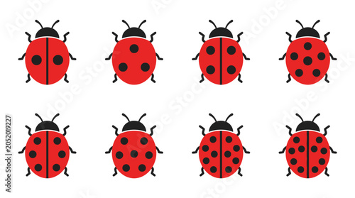 Seven red ladybugs with black spots.