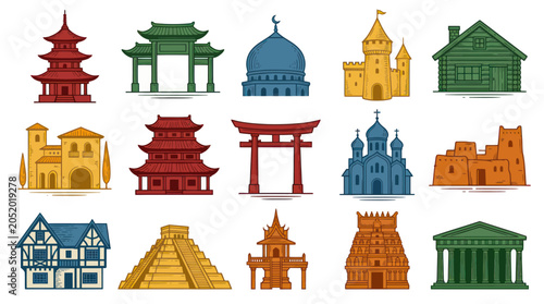 Diverse Architecture Collection: Famous Landmarks, Buildings, Landmarks, Travel Icons Vector