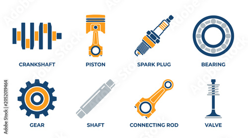 Foto Mechanical engine parts collection icons.
