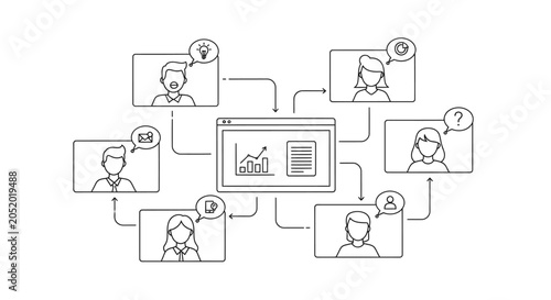 Line drawing of a group of people connected to a central computer screen displaying a graph and charts with question marks.