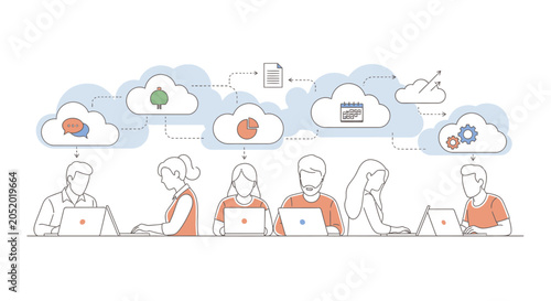 Line drawing of a diverse team collaborating on laptops with cloud-connected icons floating above them on a white background.