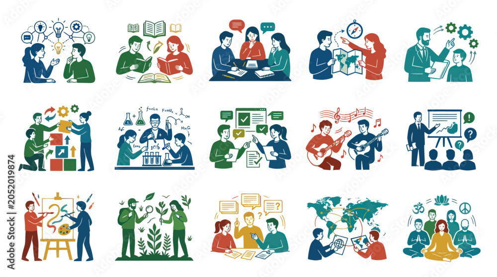 Fototapeta premium Flat Design Icons: Education, Collaboration, Music, Science, Art, Travel, Meditation