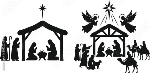 Quadro su tela Nativity Scene Silhouettes with Angels and Wise Men