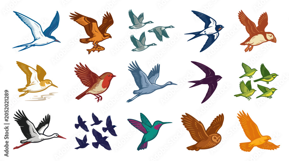 Naklejka premium Diverse Bird Collection Vector Icons - Nature, Wildlife, Ornithology Art