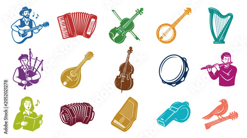Retro Woodcut Style Folk Music Instruments  Musicians Vector Icons Collection