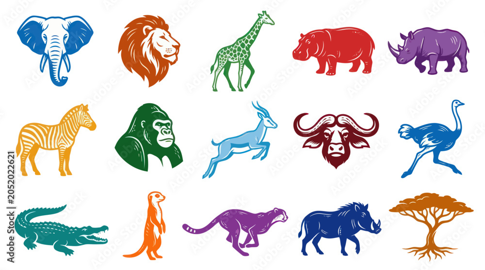 Fototapeta premium Flat Design African Safari Animals Icon Set - Vector Illustration