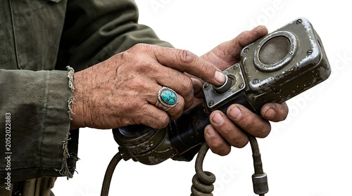 Close Up of Hands Operating Vintage Military Radio Isolated