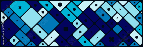 Geometric background with blue and cyan rounded squares. Abstract shapes of smooth rectangles stained glass style mosaic pattern for trendy landing page with black border lines