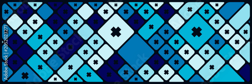 Geometric background with blue and cyan rounded squares. Abstract shapes of smooth rectangles stained glass style mosaic pattern for trendy landing page with black border lines