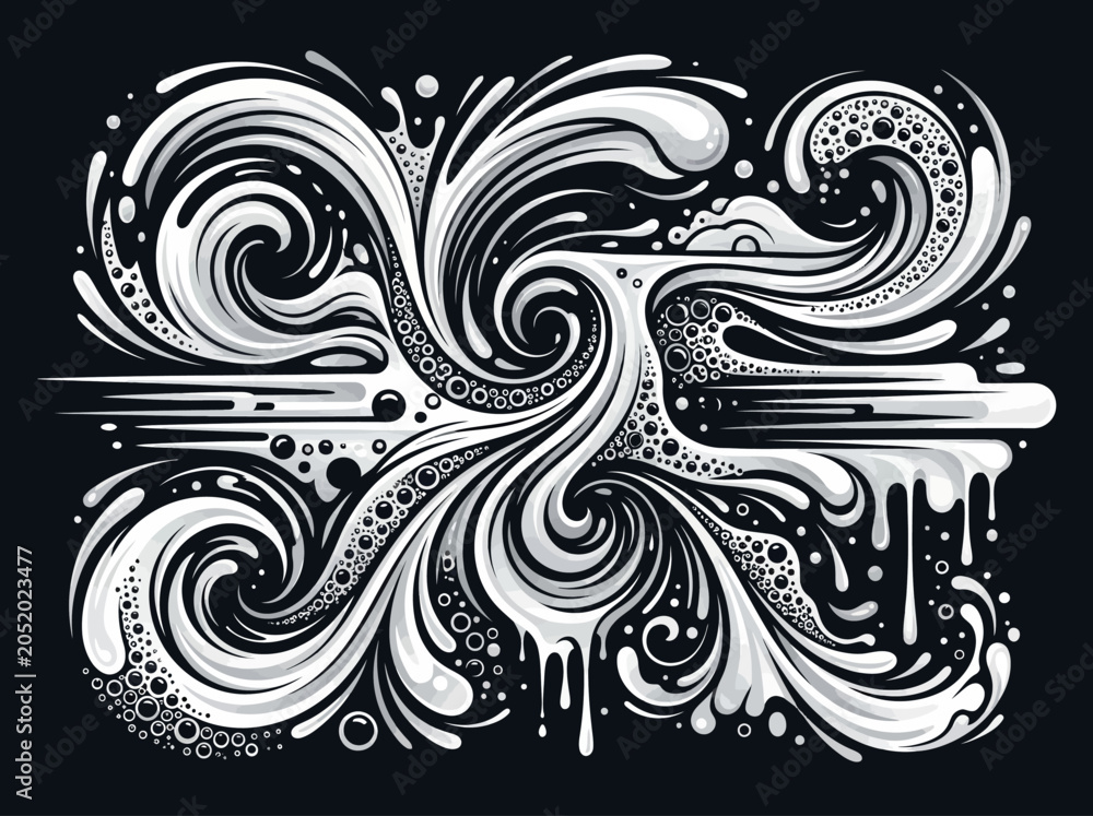 Fototapeta premium Abstract White Liquid Splashes and Swirling Water Waves Illustration, Dynamic Fluid Motion Design Element on Black Background