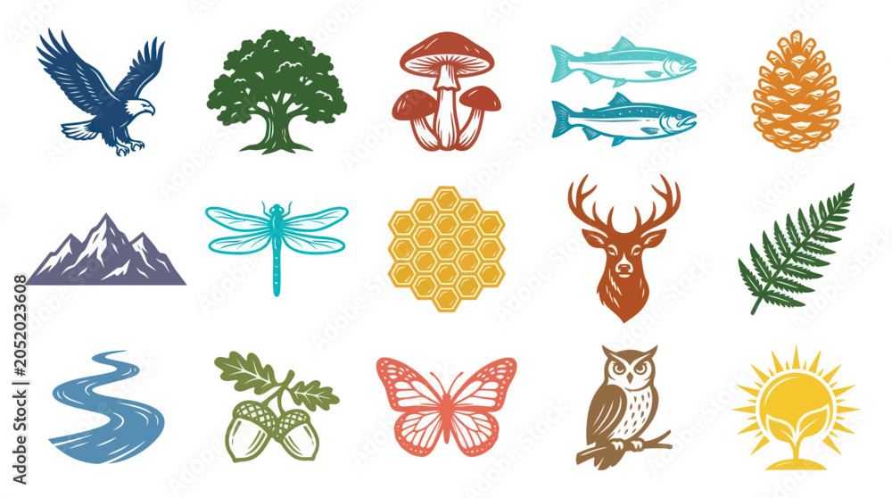 Obraz premium Nature Icons Set: Eagle, Tree, Mushroom, Fish, Pinecone, Mountains, Dragonfly, Honeycomb, Deer, Fern, River, Acorns, Butterfly, Owl, Sun