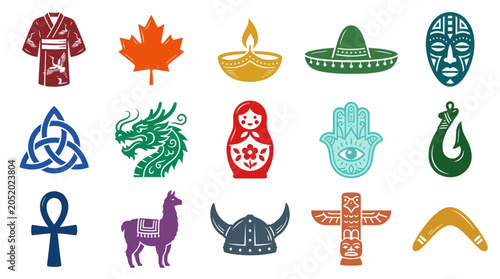 Diverse Cultural Symbols Vector Icons: Flat Design, Global Collection