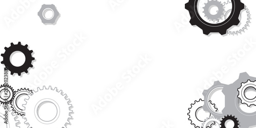 Abstract black and white industrial gear corner background for mechanical engineering presentation and teamwork web banner