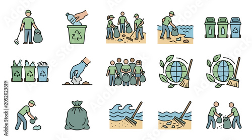 Cuadro en lienzo Community members cleaning up litter at beach site