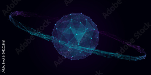Sci-fi blue and purple plexus sphere planet abstract background for futuristic technology presentation and web banner
