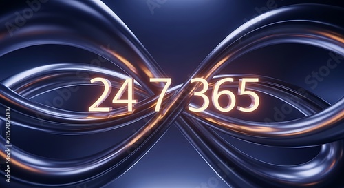 Glowing yellow 24 7 365 numbers set against a sleek metallic infinity loop representing non-stop customer service and perpetual support.