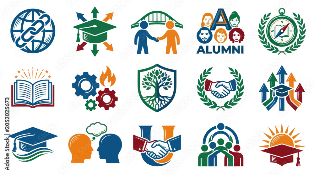 Fototapeta premium Flat Vector Education, Business, and Community Icon Set for Learning, Success, Collaboration, and Development.