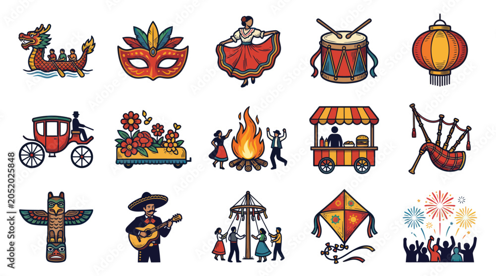 Fototapeta premium Festive Cultural Celebrations Icons - Vector Art