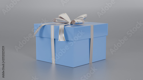 Elegant Light Blue Gift Box with White and Gold Ribbon on Grey Background 3D Render