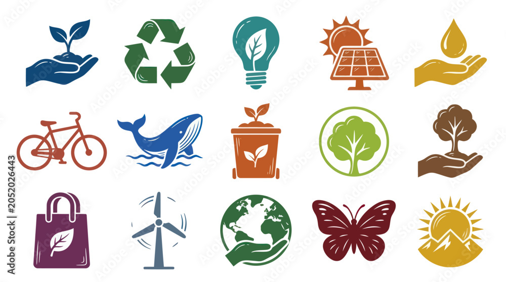 Fototapeta premium Flat Eco Icons: Nature, Recycling, Energy, Sustainable Living, Earth, Wildlife