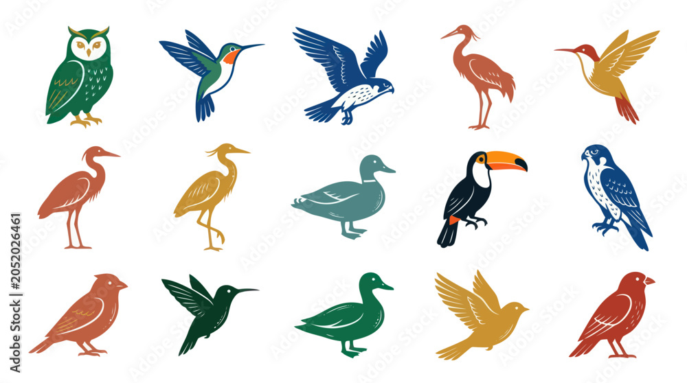 Fototapeta premium Flat Vector Avian Species Icons Collection. Wildlife Nature Birds Set for Ecology and Zoology Designs.