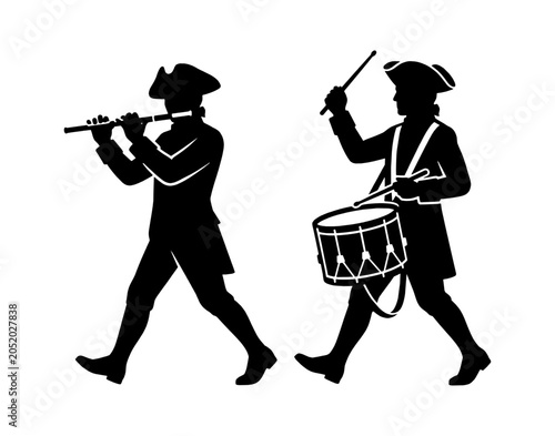Black silhouette of two colonial soldiers marching and playing a flute and a drum isolated on transparent background, Vector