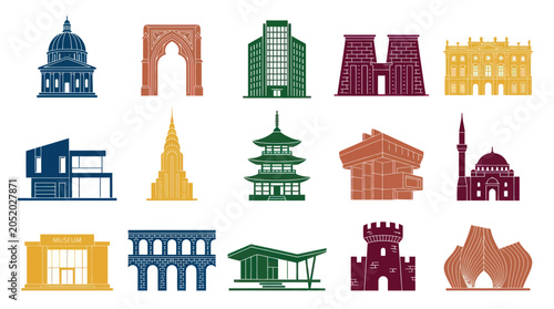 Flat Style Icons Set of Famous Architectural Landmarks and Buildings