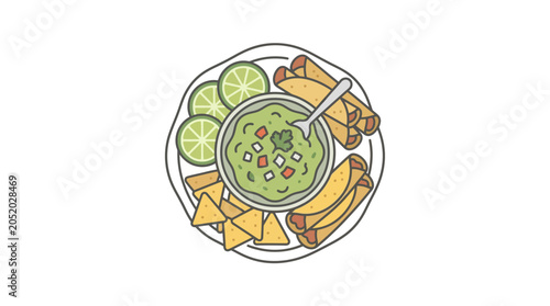 Foto Delicious guacamole with chips and tacos on plate