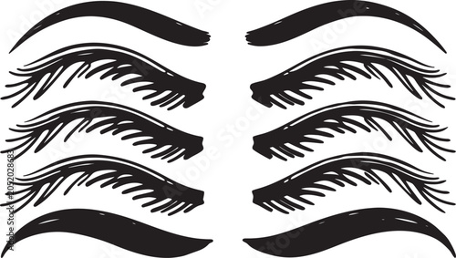 Elegant black eyebrow brush strokes set on white background minimalist beauty illustration