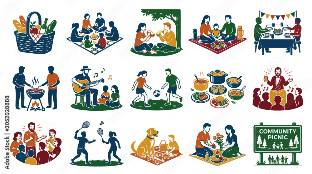 Fototapeta premium Lifestyle Outdoor Picnic and Community Gathering Flat Vector Illustration Icons Set
