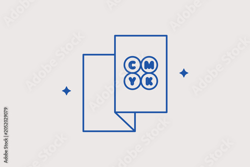Quadro su tela Two overlapping paper posters with cmyk print circles line icon for graphic design portfolio presentation, marketing material selection