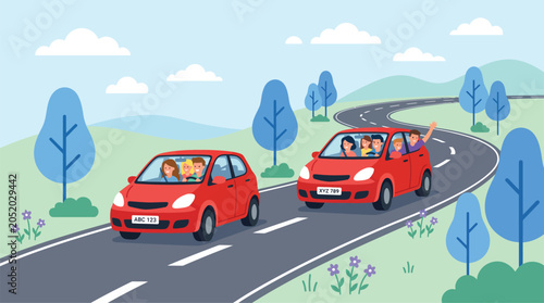 Konstfotografi happy family friends driving red car on summer vacation road trip travel nature