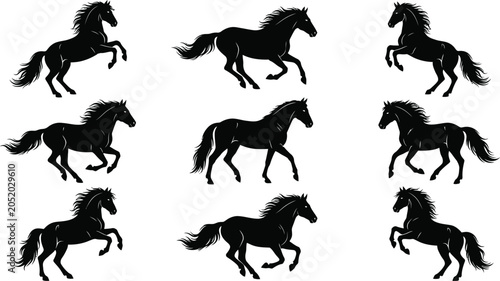 Obraz na plátně horse galloping running rearing black silhouette set flat vector graphic illustr