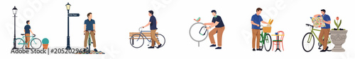 Set of flat vector illustrations depicting a man's daily activities with a bicycle in an urban environment, including commuting, locking, and navigating.